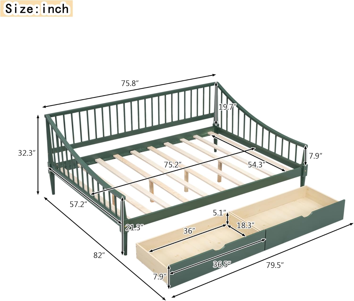 Full Size Wooden Daybed with 2 Storage Drawers and Wood Support Legs, Multi-Functional Full Day Bed wtih Rails on 3 Sides for Bedroom, Living Room and Guestroom, Green - Image 2