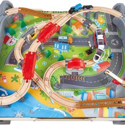 Alternative view of Hape E3766 70 Piece Railway Train Table and Set Toy with Battery Powered Locomotive with Removable Playmat Surface and Storage for Kids 3 Years and Up