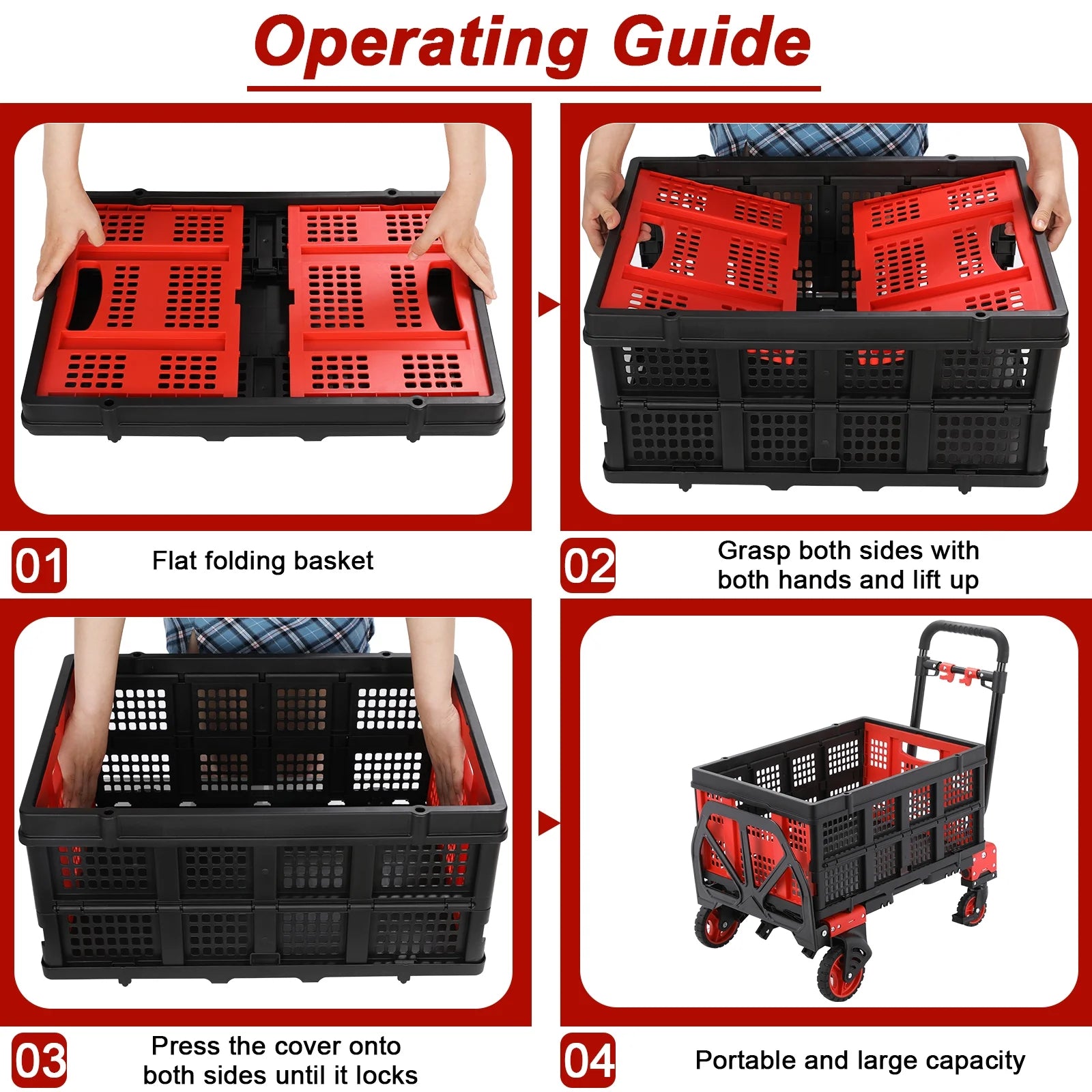 LAZY BUDDY Folding Hand Truck Dolly, 2-in-1 Heavy-duty Platform Cart with 22 Folding Basket, Collapsible Utility Luggage Dolly Cart, Red, 330LBS - Image 7