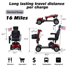 Alternative view of 4 Wheel Mobility Scooter, Portable Electric Power Wheelchair, Range Extended Battery Compact Heavy Duty Travel Scooter, with Front Rear Lights and Basket for Seniors, Adults,Handicapped, Elderly (Red)