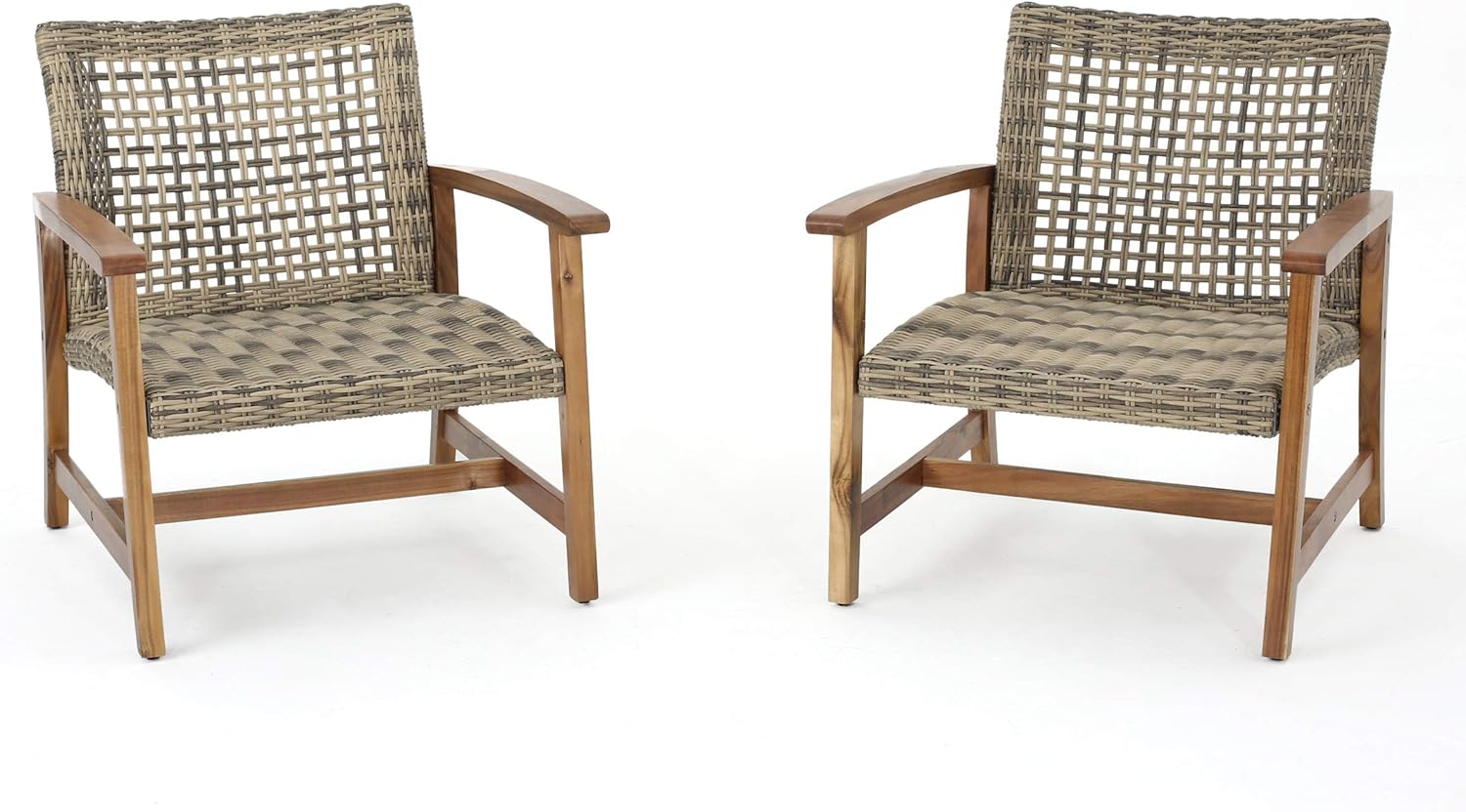 Christopher Knight Home Hampton Outdoor Mid-Century Wicker Club Chairs with Acacia Wood Frame, 2-Pcs Set, Natural Stained / Grey